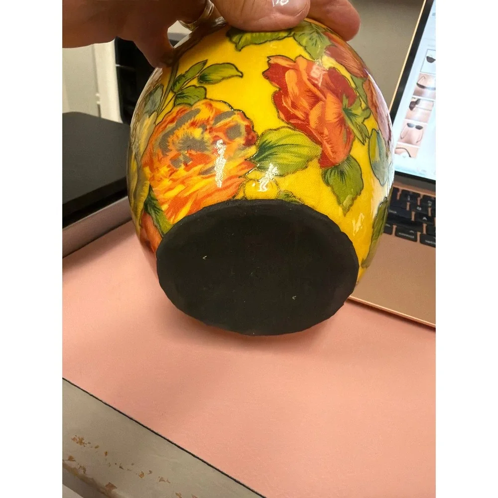 Vintage Mid Century Decoupage Art Pottery‎ Vase Raised Floral Yellow Decor